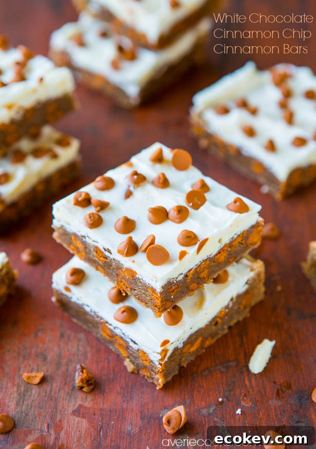 White Chocolate-Topped Cinnamon Chip Cinnamon Bars - Bursting With Big Cinnamon Flavor - Recipe at averiecooks.com