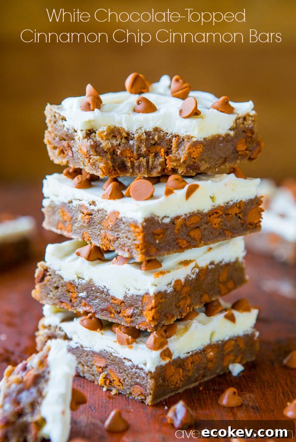 White Chocolate-Topped Cinnamon Chip Cinnamon Bars - Bursting With Big Cinnamon Flavor - Recipe at averiecooks.com