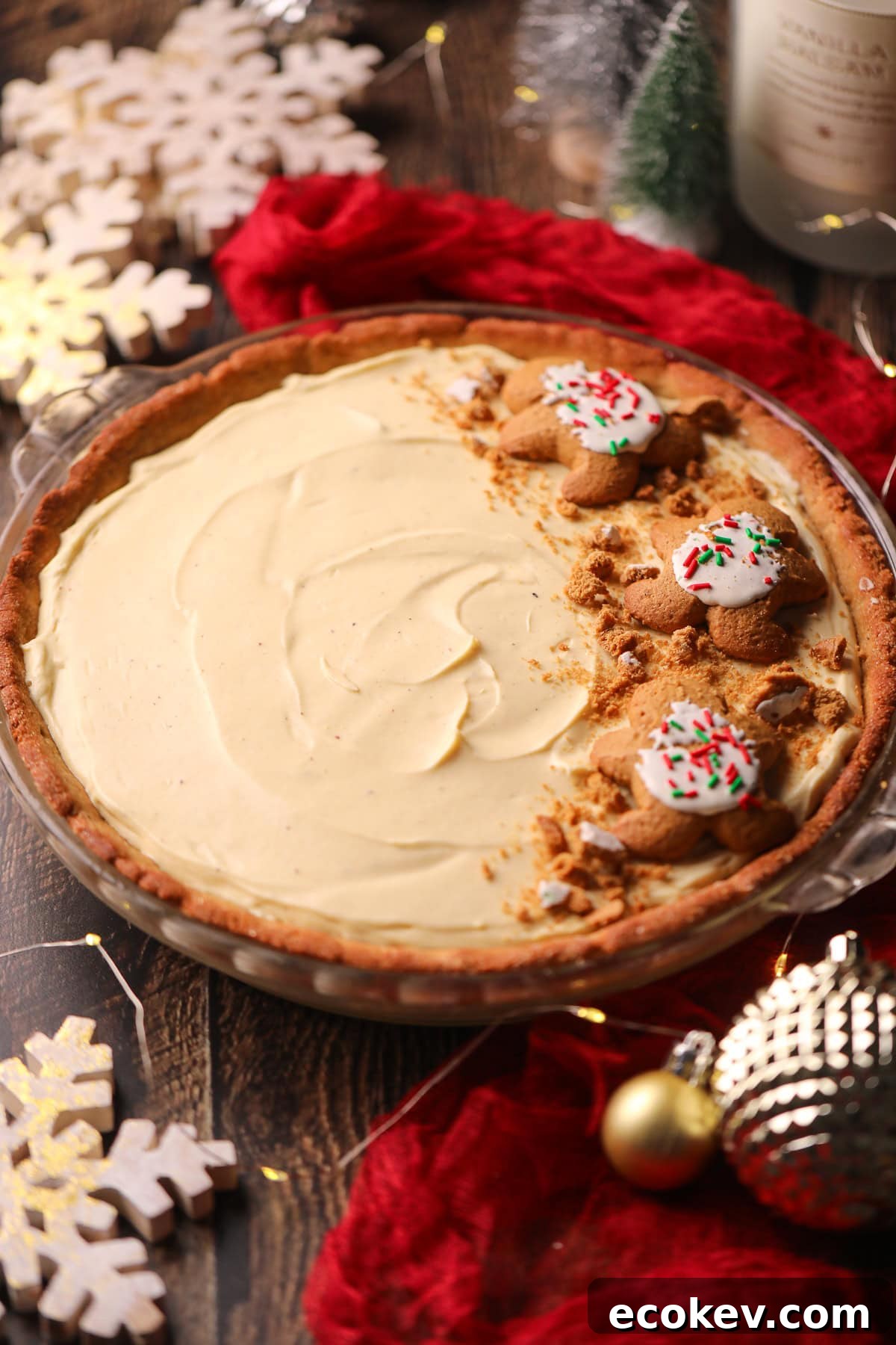 Eggnog pie in a pie dish on a table top.