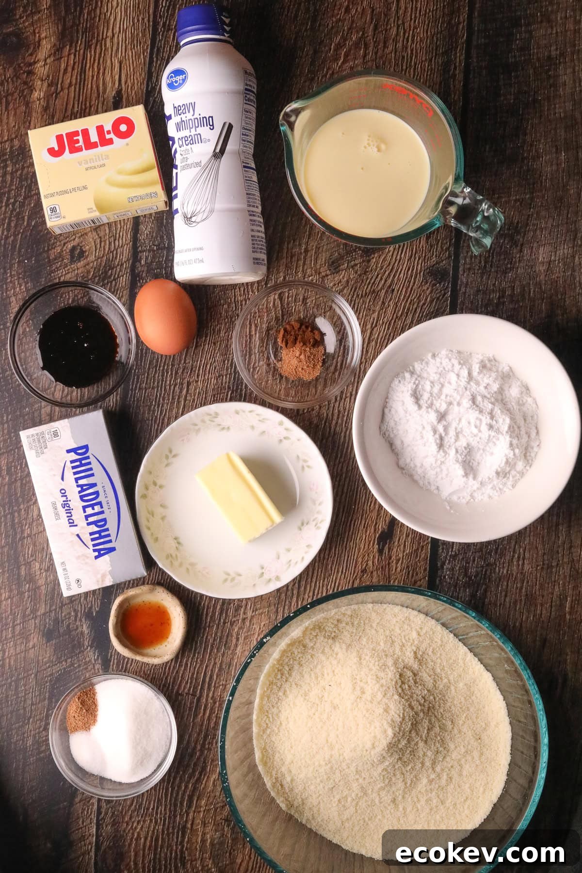 Ingredients for making eggnog pie on a table top.