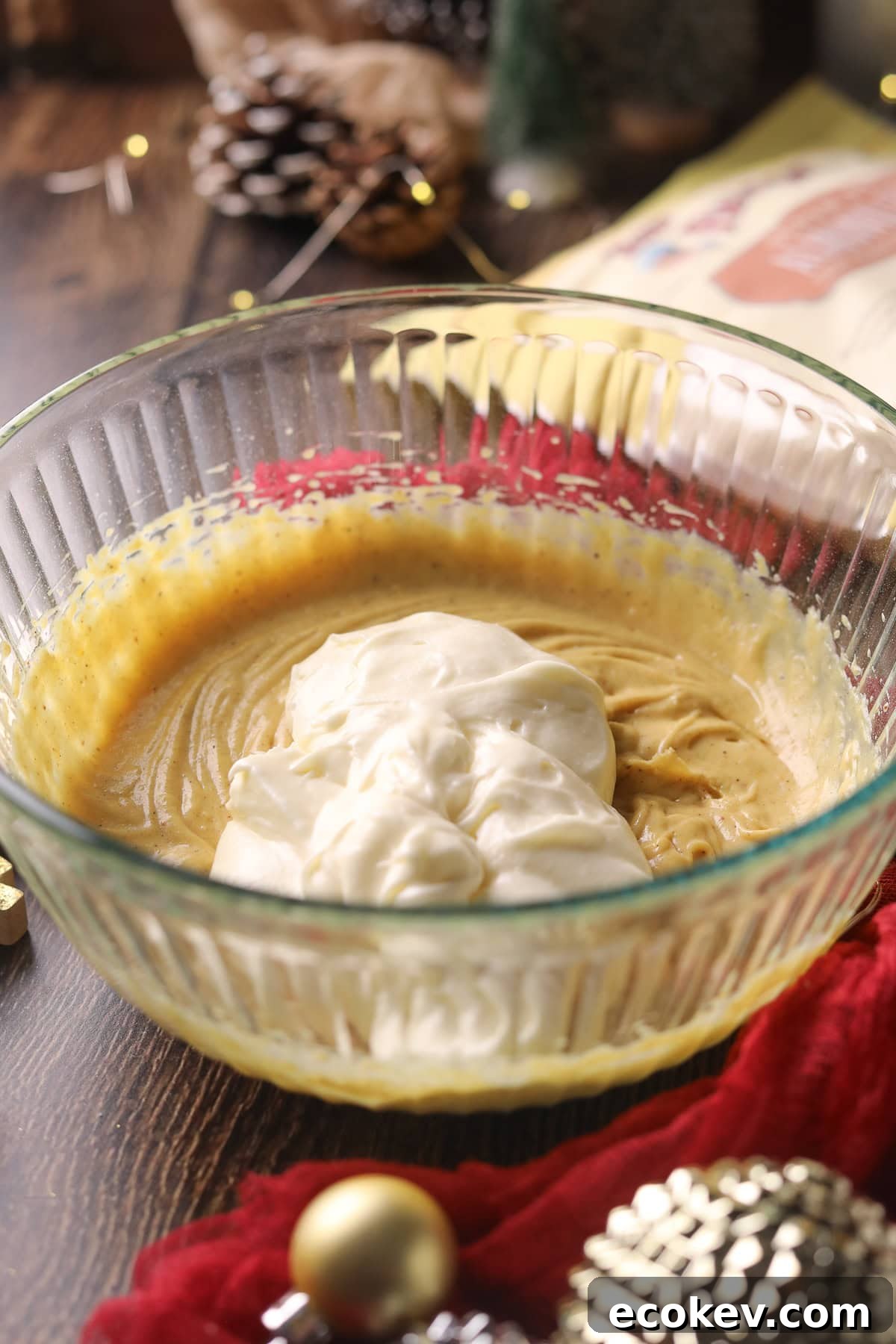 Eggnog pie filling in a mixing bowl.