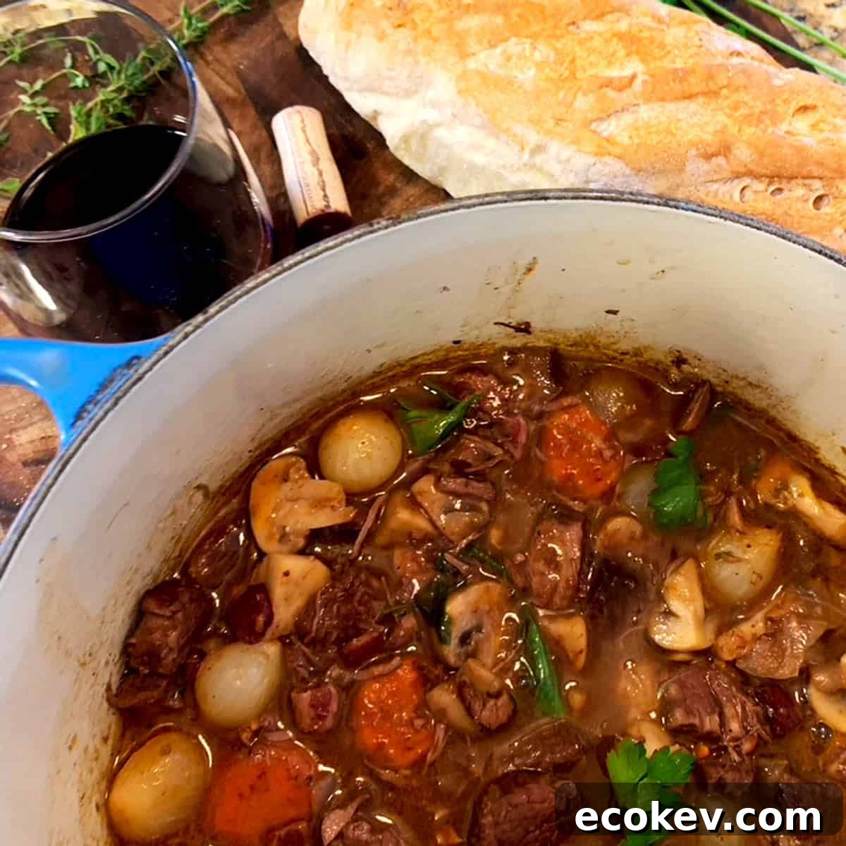 A pot of beef bourguignon with bread and red wine.