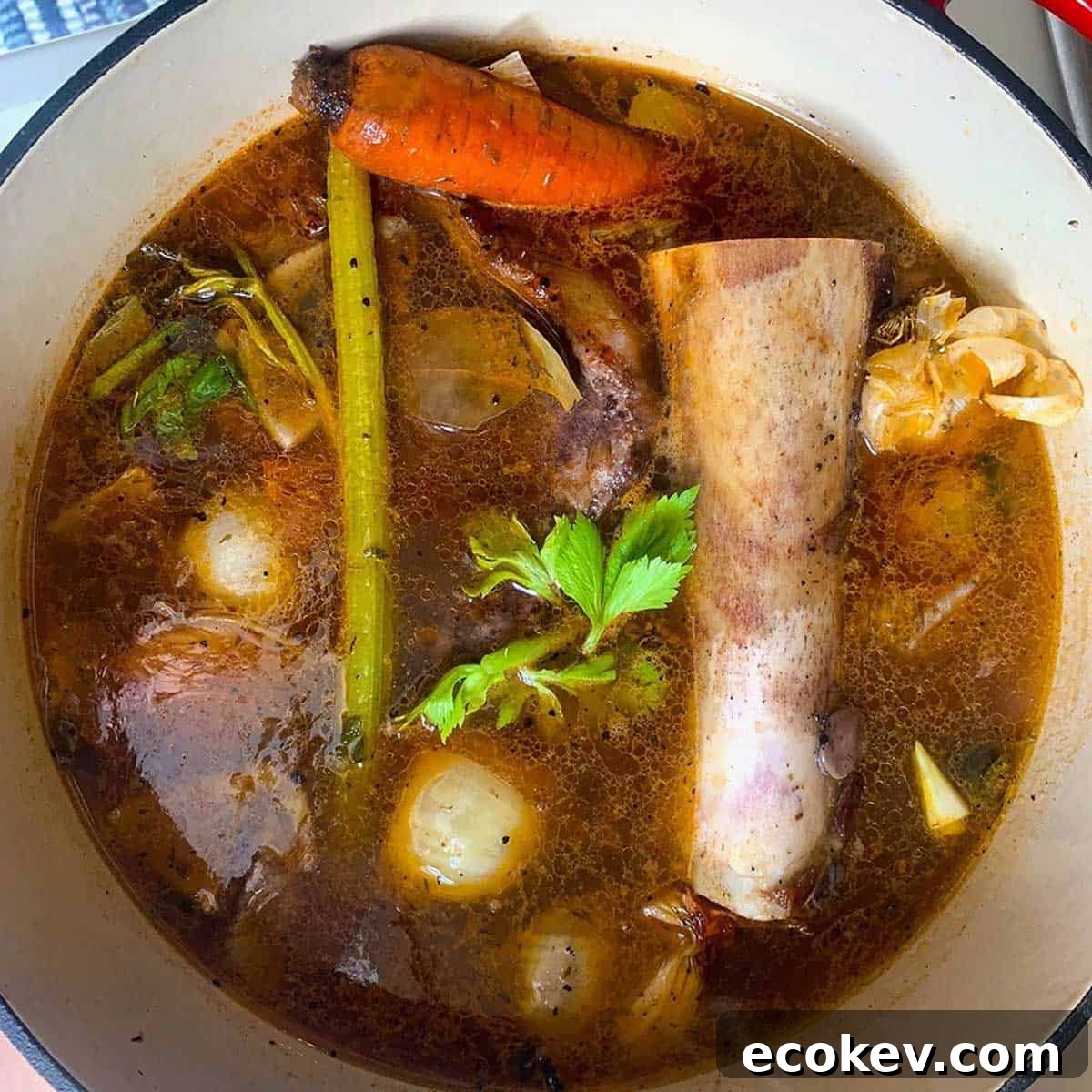 A pot of beef stock with a carrot and a long beef bone.