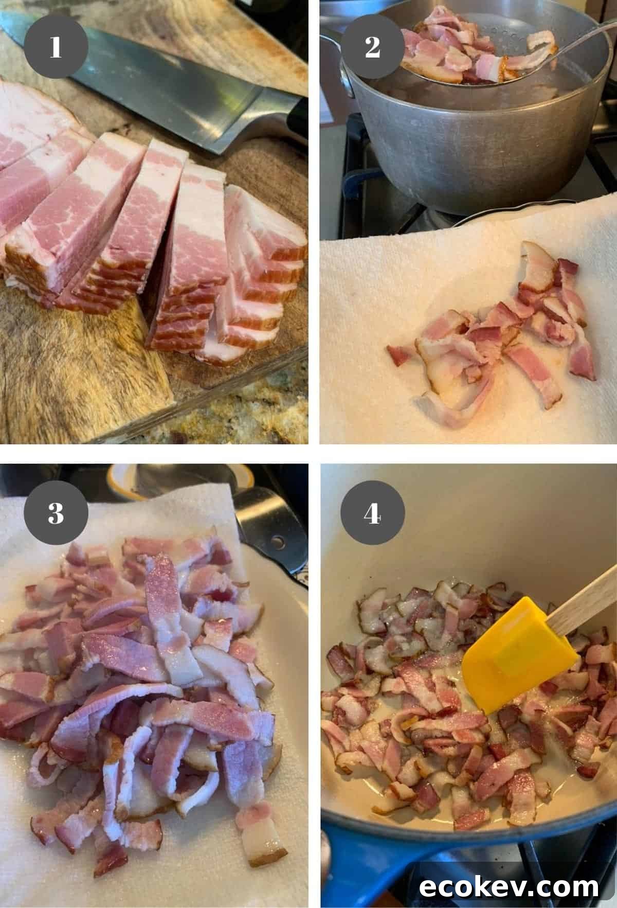 Boiling and sauteing bacon.