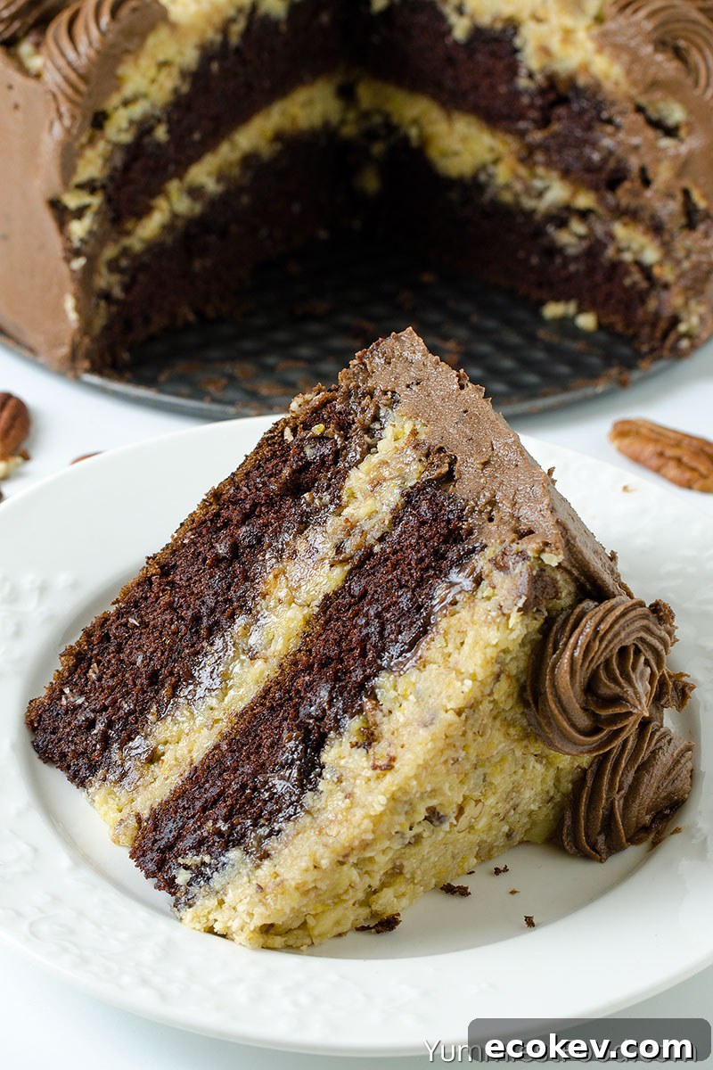 German Chocolate Cake - served on the plate