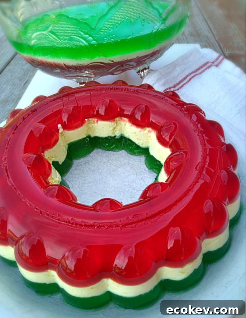Ribbon salad ring and a dish of layered jello salad.
