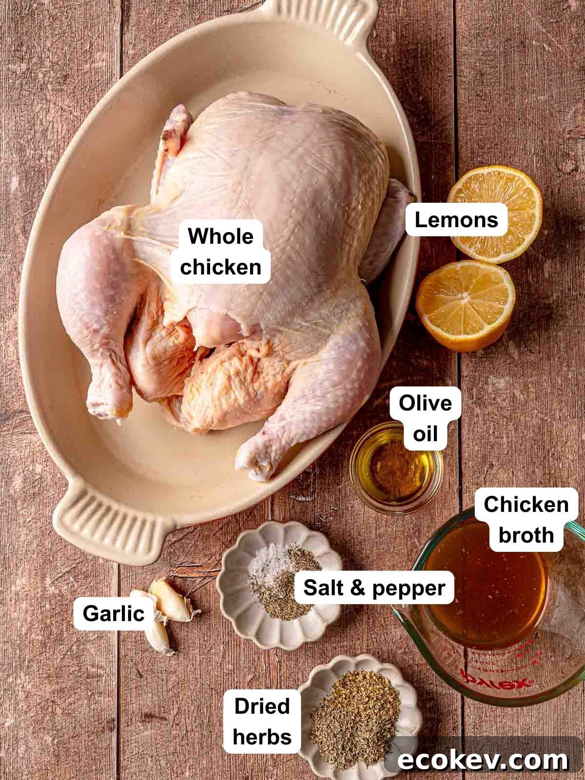 Ingredients for Greek roasted chicken, including a whole chicken in a baking dish, lemon halves, olive oil, chicken broth, garlic cloves, salt, pepper, and dried herbs.