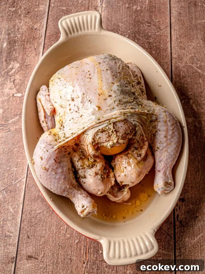 A raw whole chicken prepared for roasting with a lemon tucked into the cavity, sitting in a shallow pool of broth and olive oil.