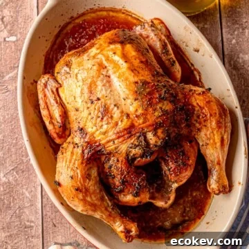 A whole roasted chicken with deep golden-brown skin, resting in its juices inside a ceramic baking dish.
