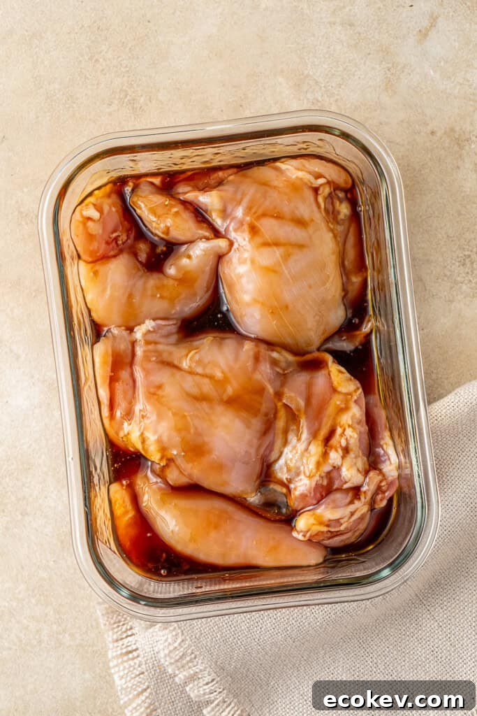 Marinating the chicken thighs in teriyaki sauce.