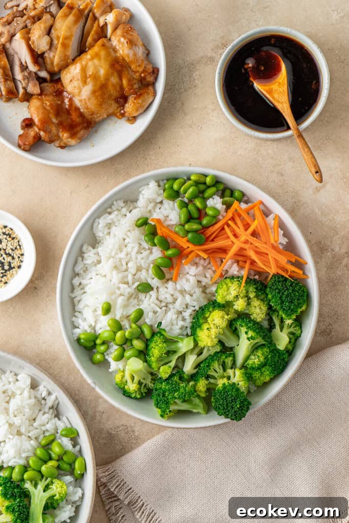 Assembling the rice and veg in a bowl.