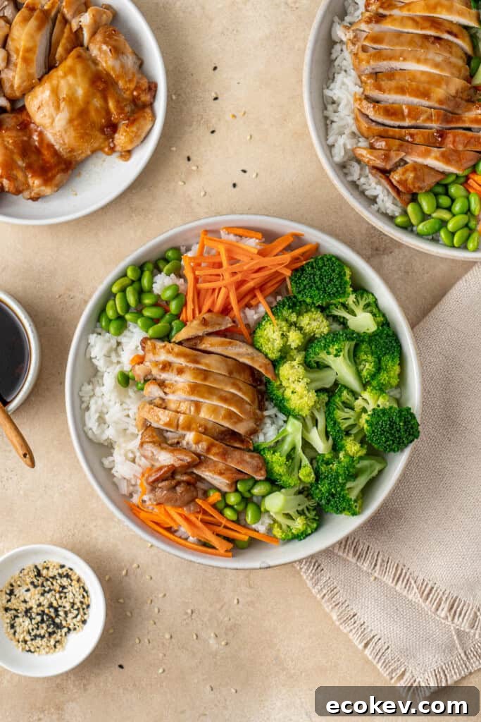Assembling the chicken and rice bowls.
