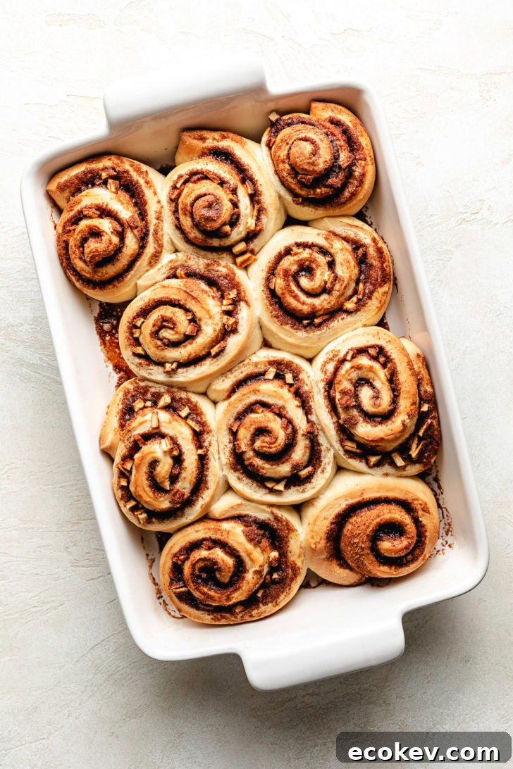 Baked cinnamon rolls in a pan.