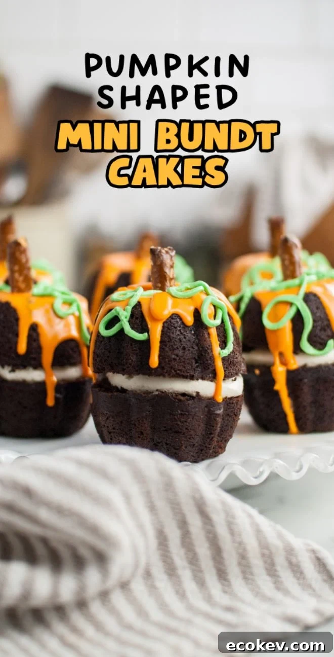 Pumpkin Shaped Mini Bundt Cakes: chocolate mini bundt cakes decorated as pumpkins with orange and green icing, plus pretzel stems on top. A fun and festive twist for anyone curious about how to make a pumpkin shaped cake!.