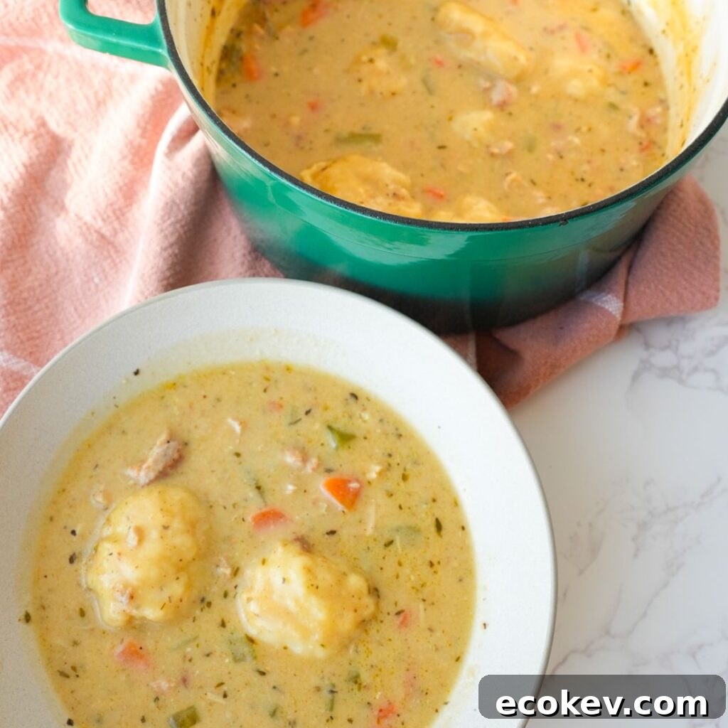 Chicken and dumplings in a bowl and pot with tender chicken, carrots, celery, fluffy dumplings, and creamy broth.