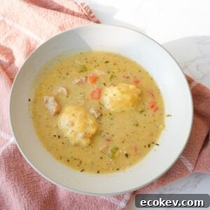 Chicken and dumplings in a bowl with tender chicken, carrots, celery, fluffy dumplings, and creamy broth.