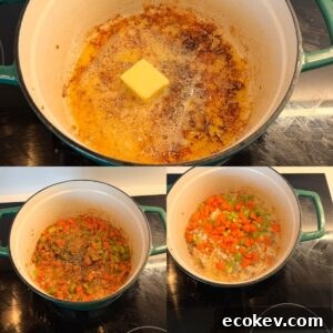 Butter melting in a dutch oven, with vegetables cooking and seasoning.