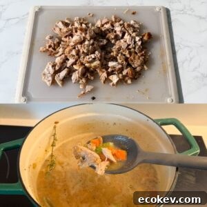 Chicken cut up on a cutting board and chicken on a spoon over a pot.