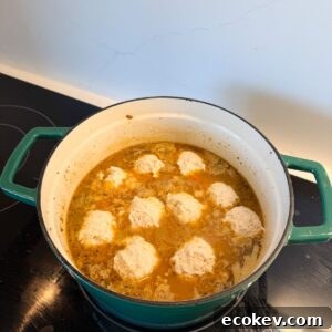 Dumplings in chicken broth before cooking.