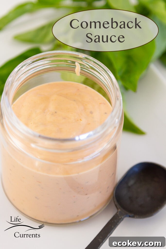 a mason jar filled with sauce, black spoon next to it, and fresh herbs in the background, title on image: Comeback Sauce.