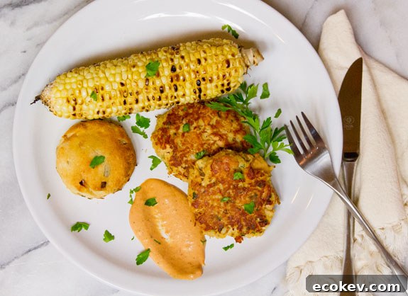 dinner of Tuna Cakes with Comeback Sauce, Corn on the Cob, and Biscuits