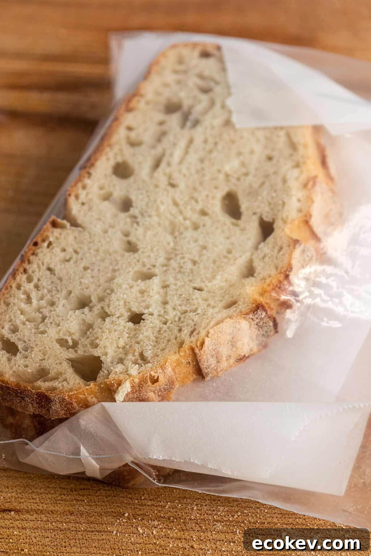Slices of sourdough bread with parchment paper in between.