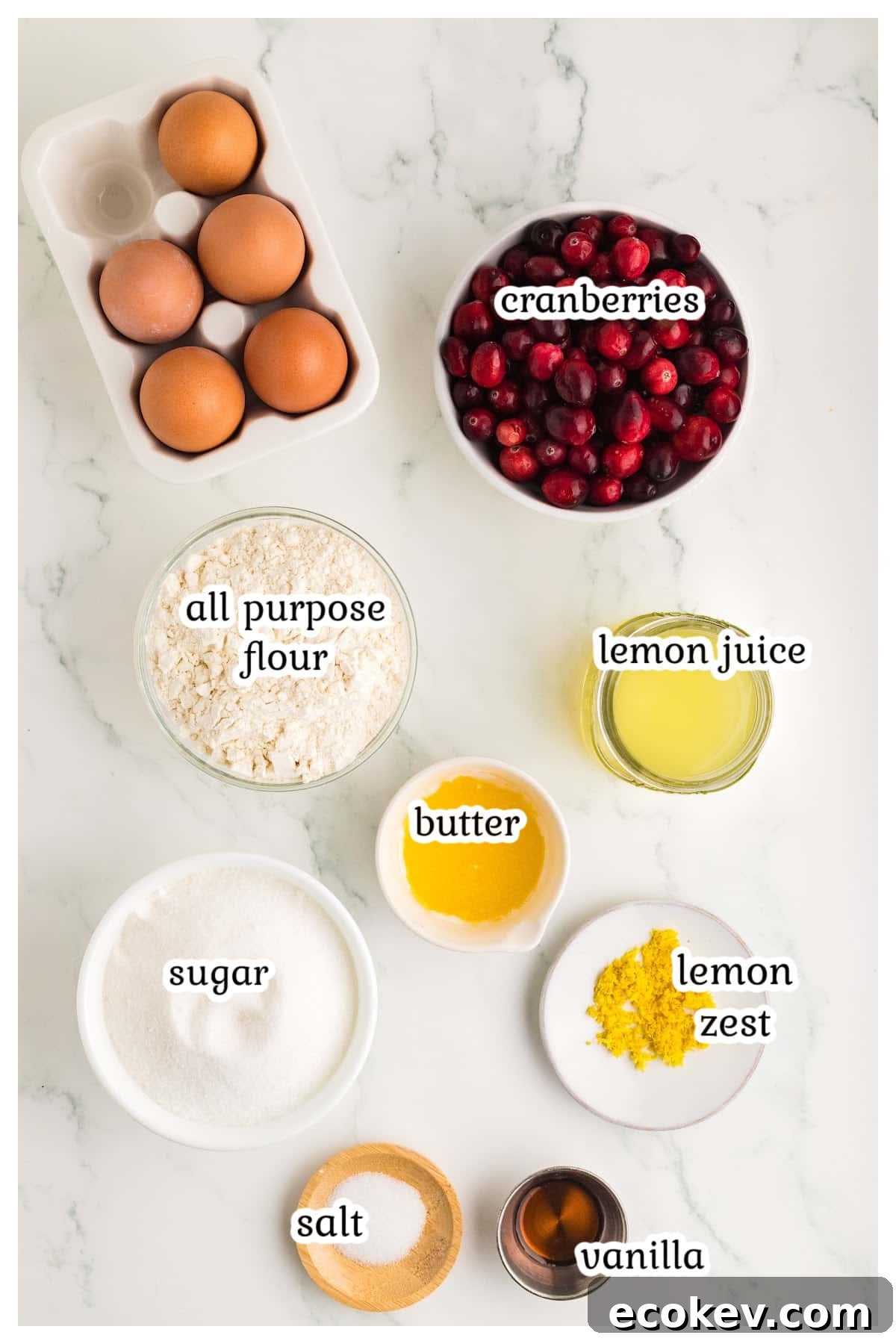 Cranberry lemon bars ingredients with text overlay.