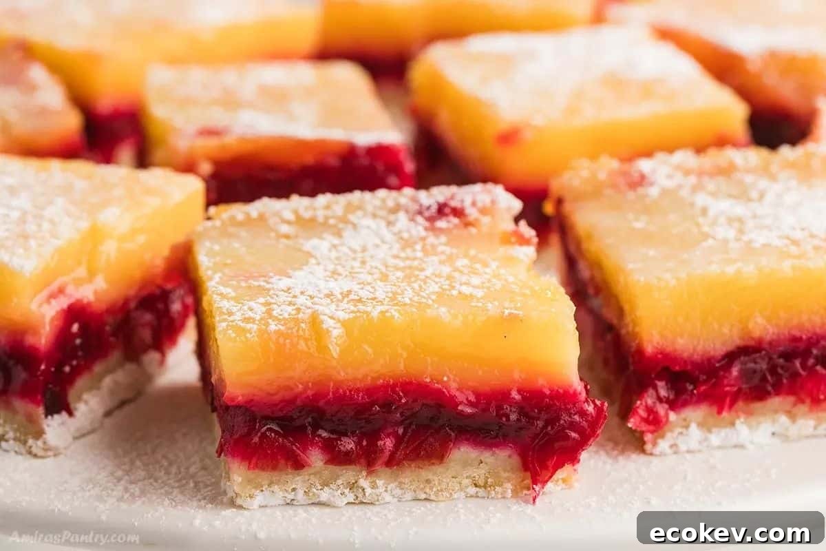 A close up image for cranberry bars ib a white plate and dusted with powdered sugar.