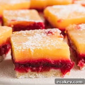 A close up image of cranberry lemon bars on a baking sheet.
