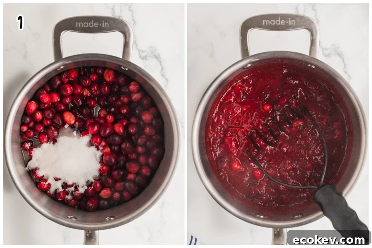 A collage of two images showing how to make the cranberry layer.