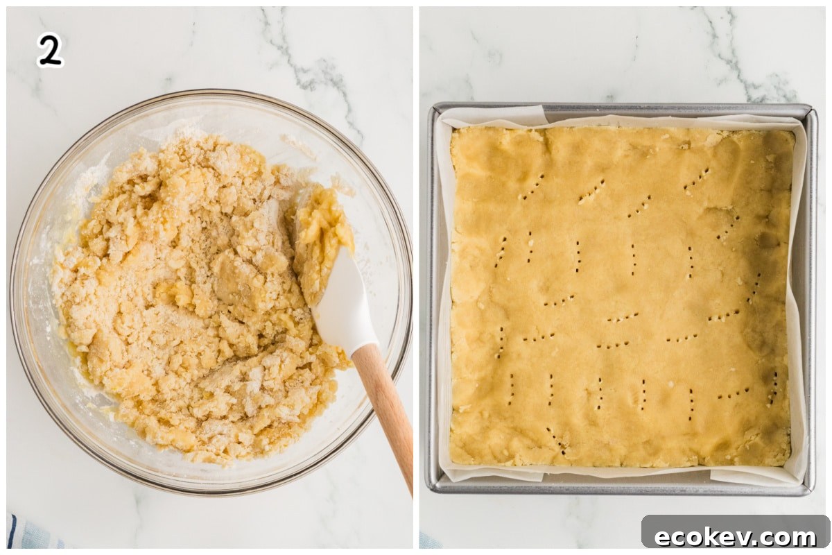 A collage of two images showing how to make the bars shortbread crust.