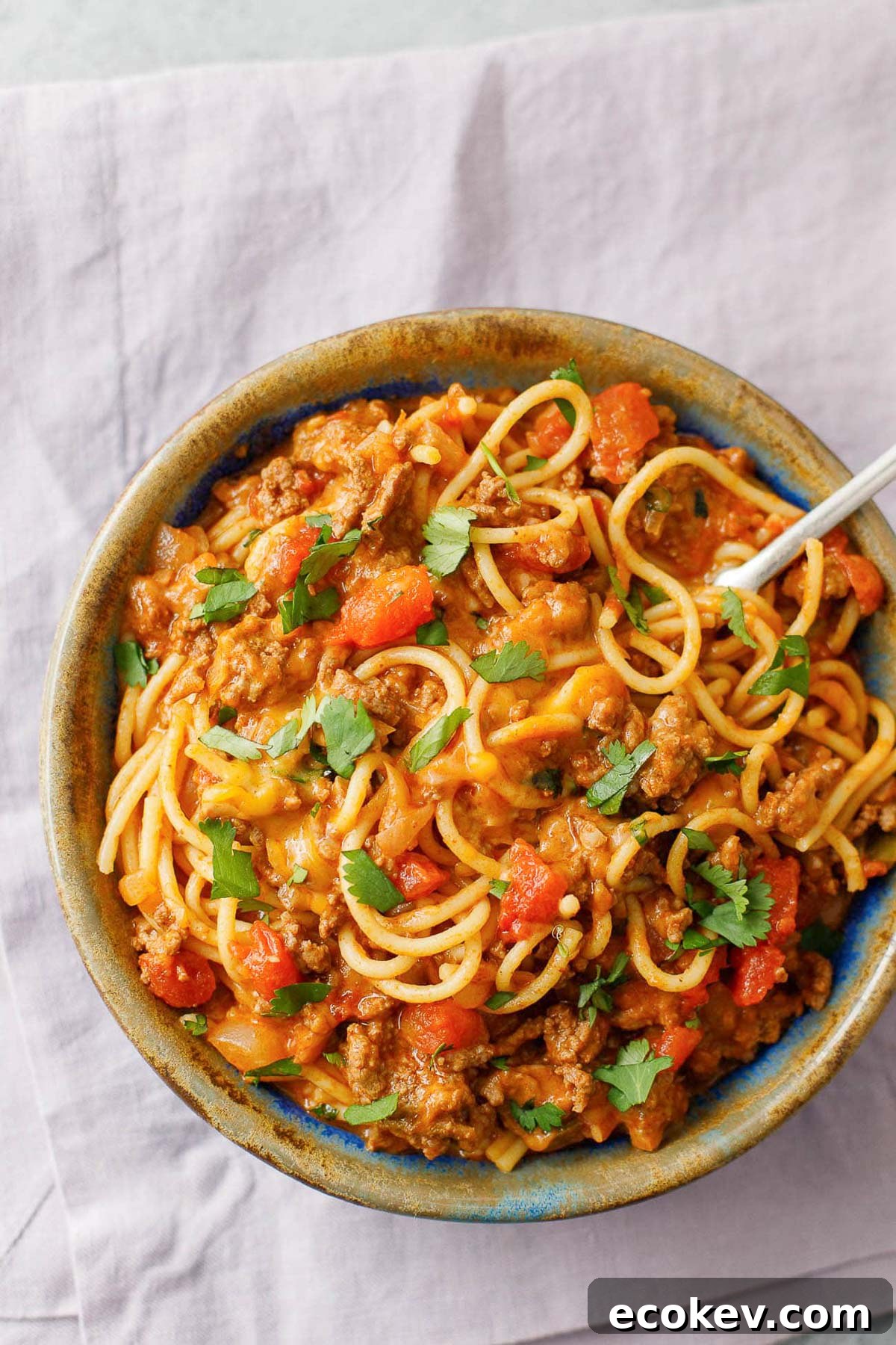 bowl of ground beef pasta with taco seasoning