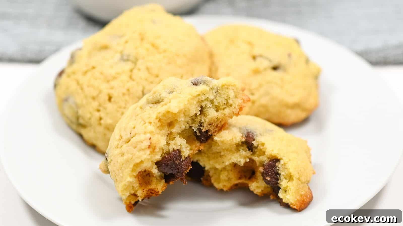 A plate with freshly baked chocolate chip cookies, one cookie is broken in half to show the soft inside.