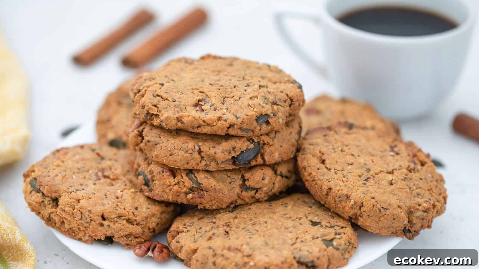 Seed and nut butter cookies on plate served with coffee.