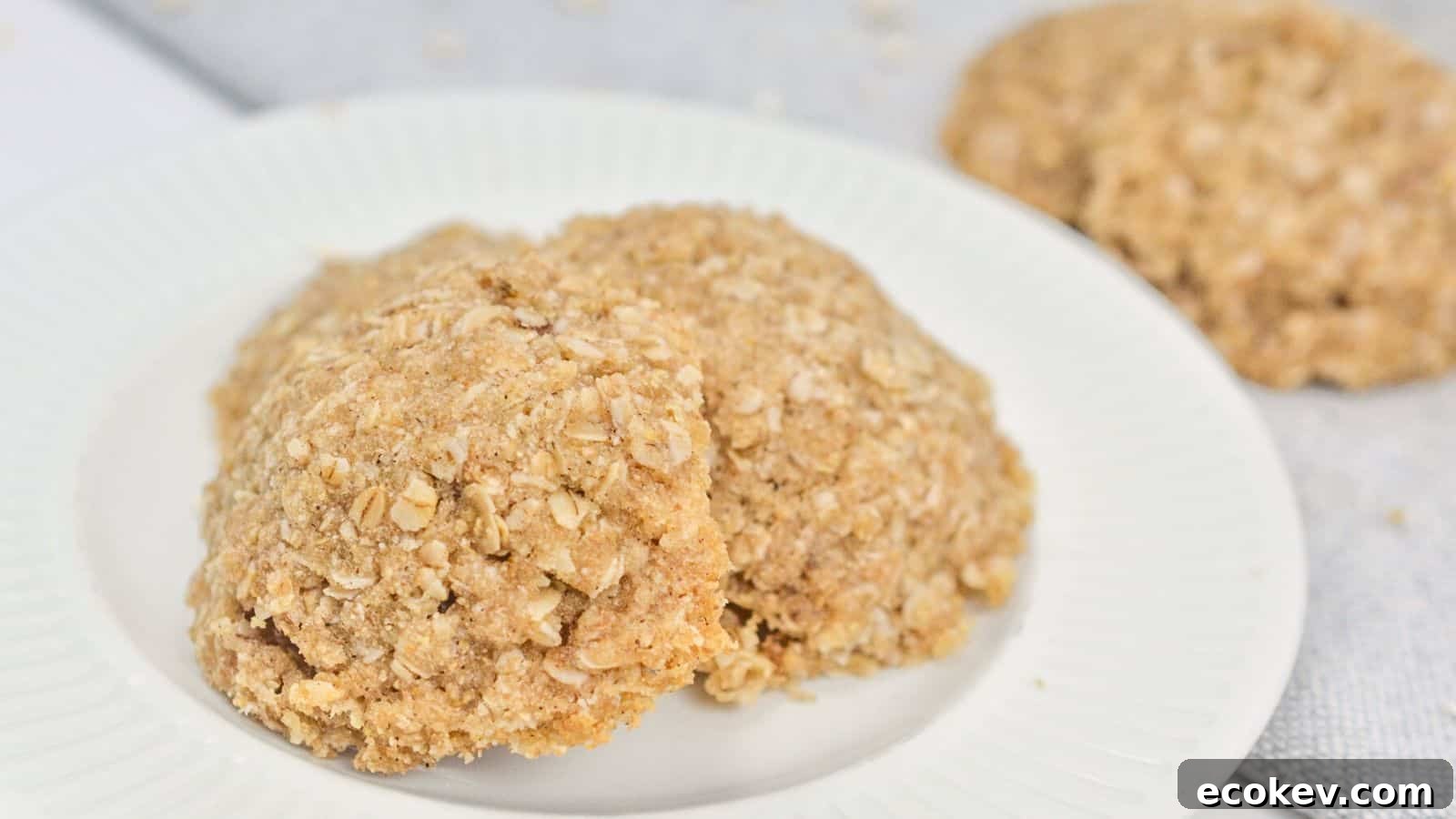 Two oatmeal cookies on a white plate, with a crumbly texture and visible oats, displayed on a light-colored tablecloth.