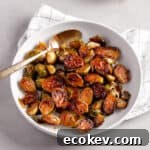 A serving platter of maple balsamic Brussels sprouts.