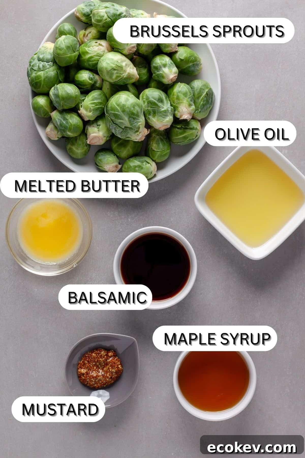 Ingredients for maple balsamic Brussels Sprouts on a gray table.
