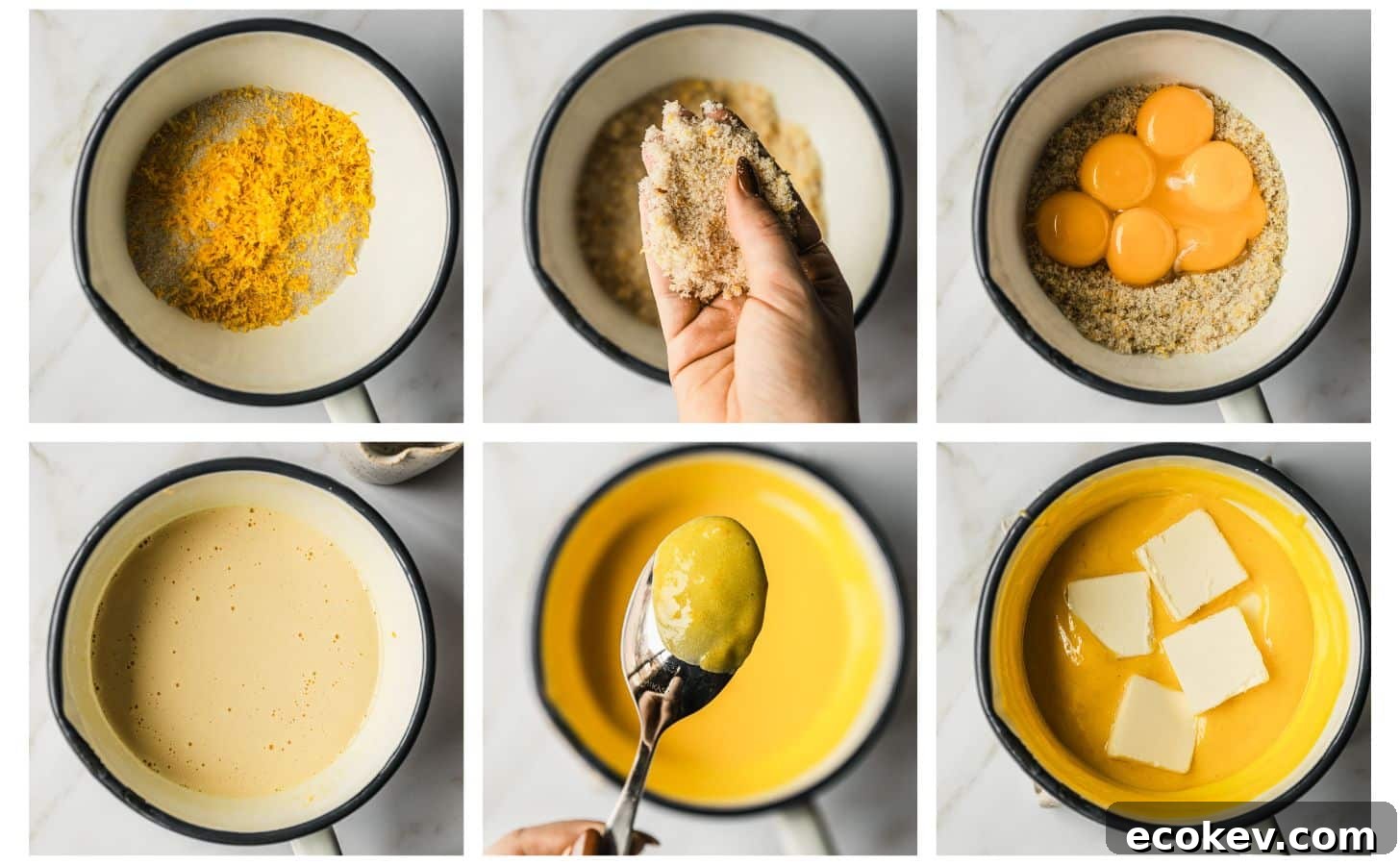 Six steps to making custard. In photo 1, a white pan of sugar and lemon zest is on a white counter. In photo 2, a hand is rubbing lemon and sugar together. In photo 3, the pan has egg yolks in it. In photo 4, the pan has lemon juice. In photo 5, a spoon is coated in custard. In photo 6, the pan has butter in it.