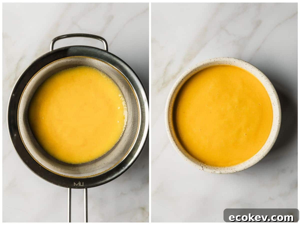 Two steps to straining custard. In photo 1, custard is in a strainer on a white counter. In photo 2, a white bowl of custard is on a white counter.