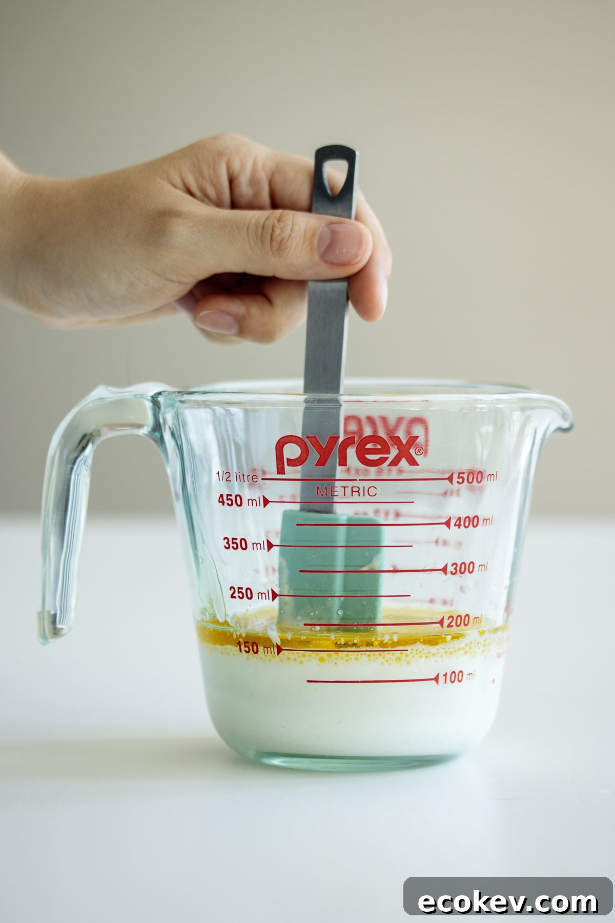 Wet ingredients being mixed.