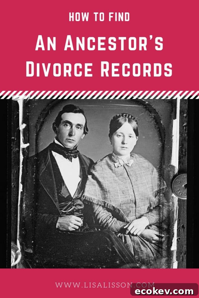 Black and white photo of couple from the 1860's. White text on red background reading How to find an ancestor's divorce records