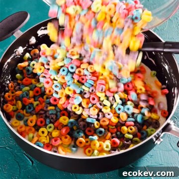 Froot Loops cereal being added to nonstick pot. 
