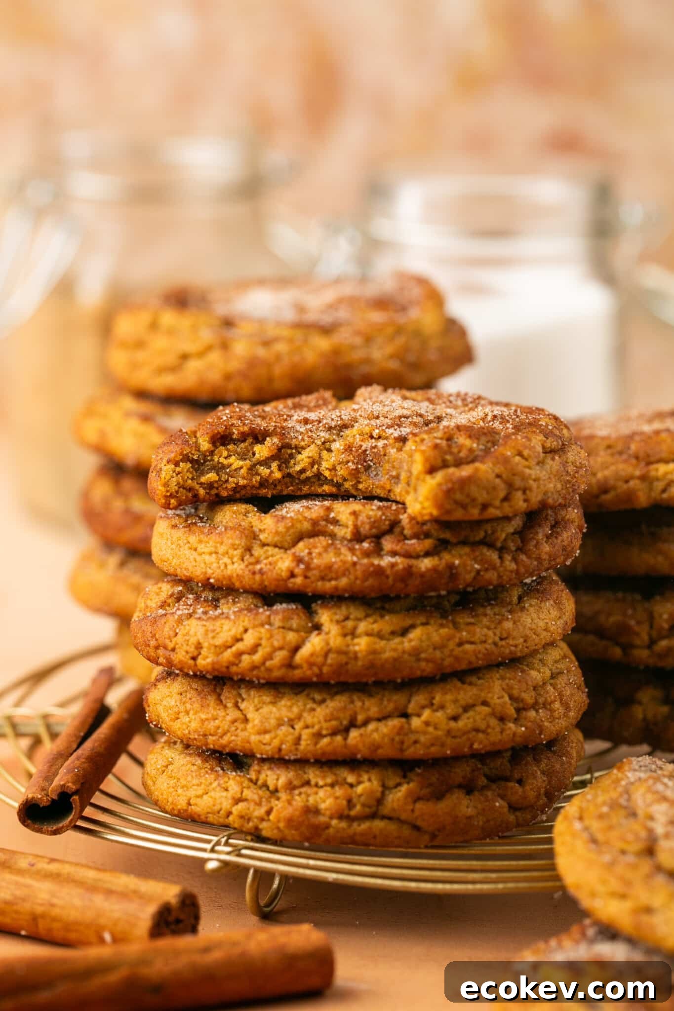 a stack of cookies with a bite taken out of the first cookie on top of the stack. 