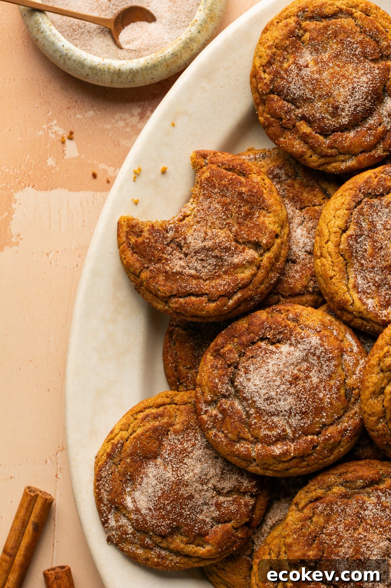 snickerdoodle cookies made with gingerbread spices on a platter. 