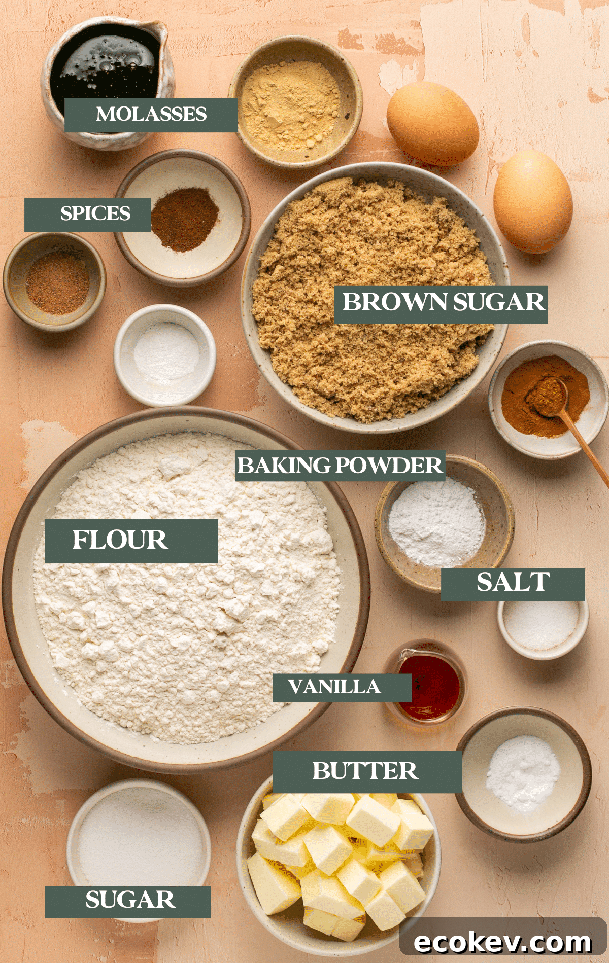 ingredients to make gingerbread snickerdoodle cookies in small glass dishes. 