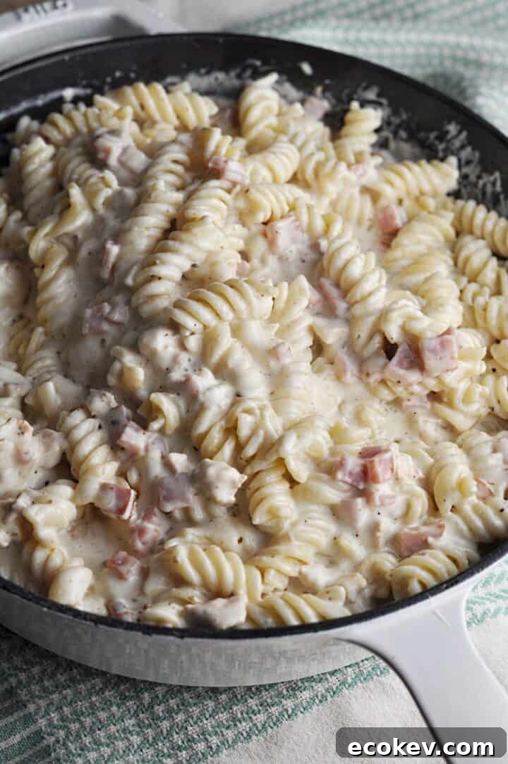 Cast iron skillet with pasta dinner including ham and chicken and creamy sauce