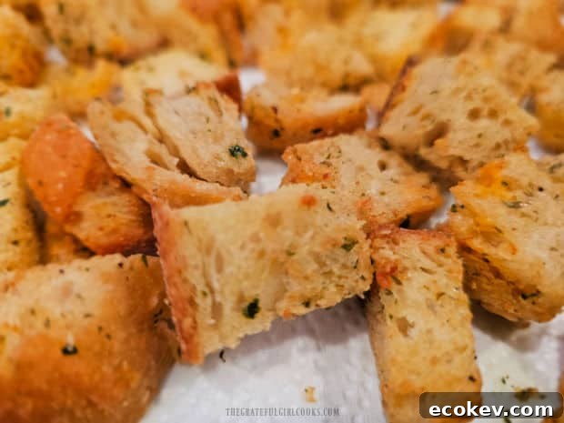 A closeup photo of well-seasoned, crispy air fryer salad croutons, ready to use.
