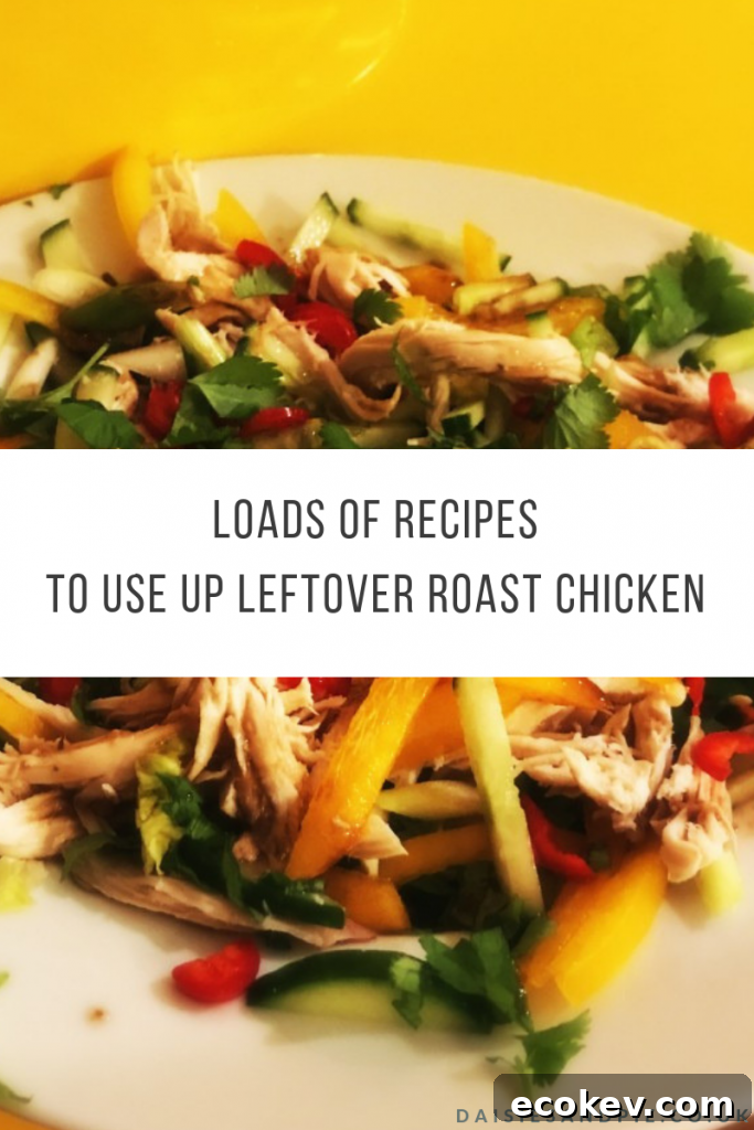 chicken salad made with leftover roast chicken. Text overlay 'loads of recipes to use up leftover roast chicken'