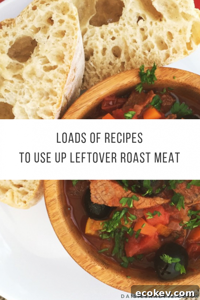 bowlful of leftover roast beef italian stew. Text overlay 'loads of recipes to use up leftover roast meat'