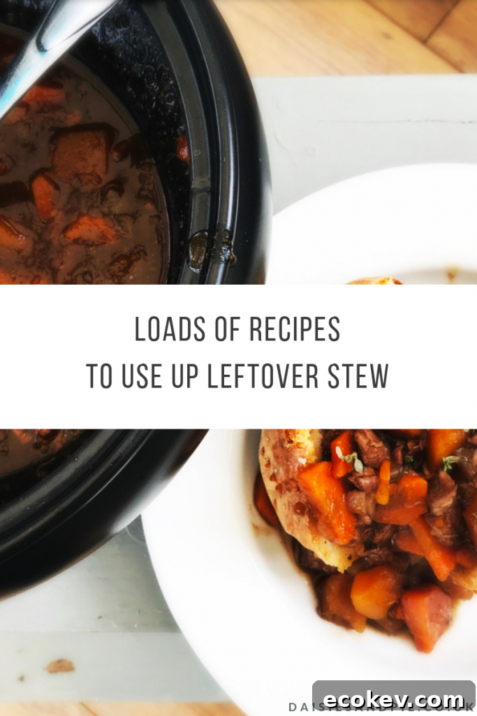 panful of stew. Text overlay 'loads of recipes to use up leftover stew'